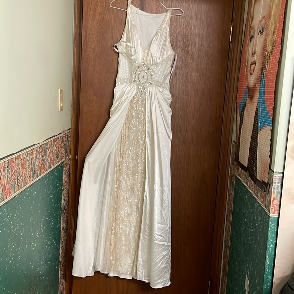 Satin beaded with lace insert gown/ wedding dress